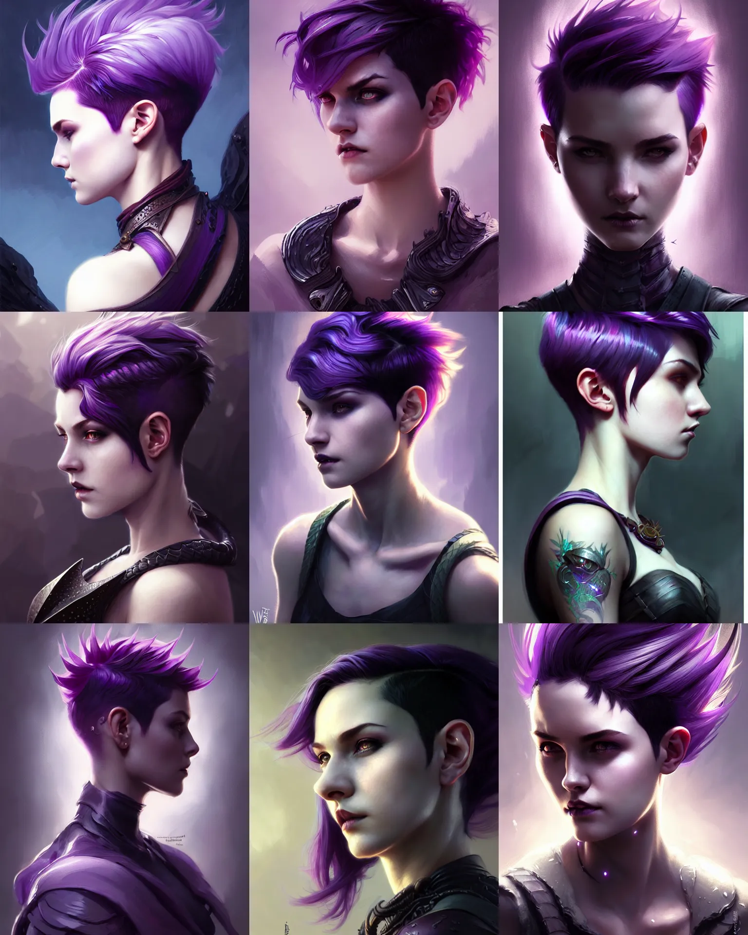 Prompt: portrait rugged girl, dark supervillain, dragon scales, fantasy magic, pixie undercut hairstyle, short purple fade hair, dark light night, intricate, elegant, sharp focus, illustration, highly detailed, digital painting, concept art, matte, art by WLOP and Artgerm and Greg Rutkowski and Alphonse Mucha, masterpiece