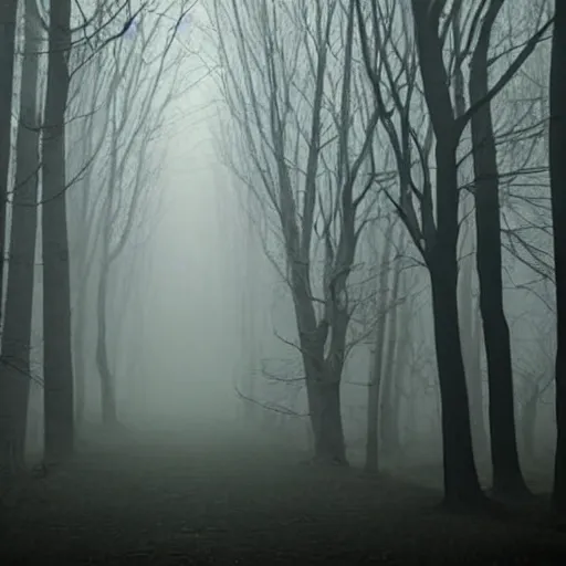 Prompt: i am looking for a horror image that includes a dark, foreboding forest with twisted, gnarled trees. there should be a foggy, ethereal quality to the image, and the light should be dim and eerie. i would like the image to include at least one figure, who should be shrouded in darkness.