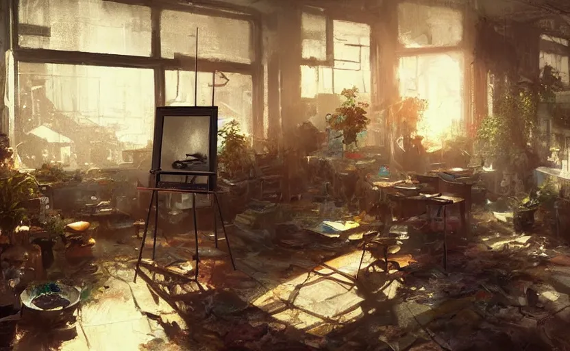 Prompt: a stylish artist studio interior, messy, many plants, drafting table, easel, painting by Craig Mullins, octane rendering, warm moody lighting, wide angle lens, low view, in the style of blade runner, trending on artstation,