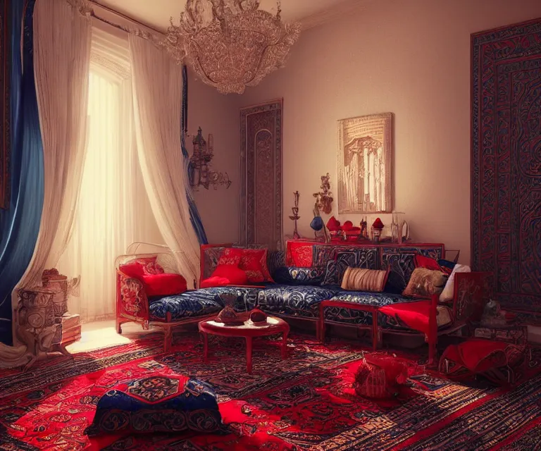 Prompt: arabic living room by charlie bowater and anna dittmann and artgerm and clemens ascher, intricate, elegant, red and white and navy blue, highly detailed, dramatic lighting, sharp focus, octane render, trending on artstation, artstationhd, artstationhq, unreal engine, 4 k, 8 k