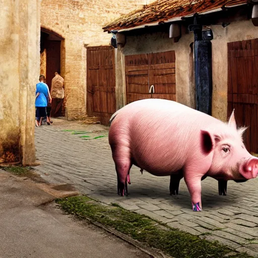 Prompt: giant pig painting walking through a village, surreal, photo realistic