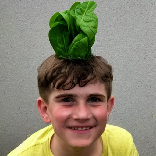 Prompt: Joe lysett with spinach on his head