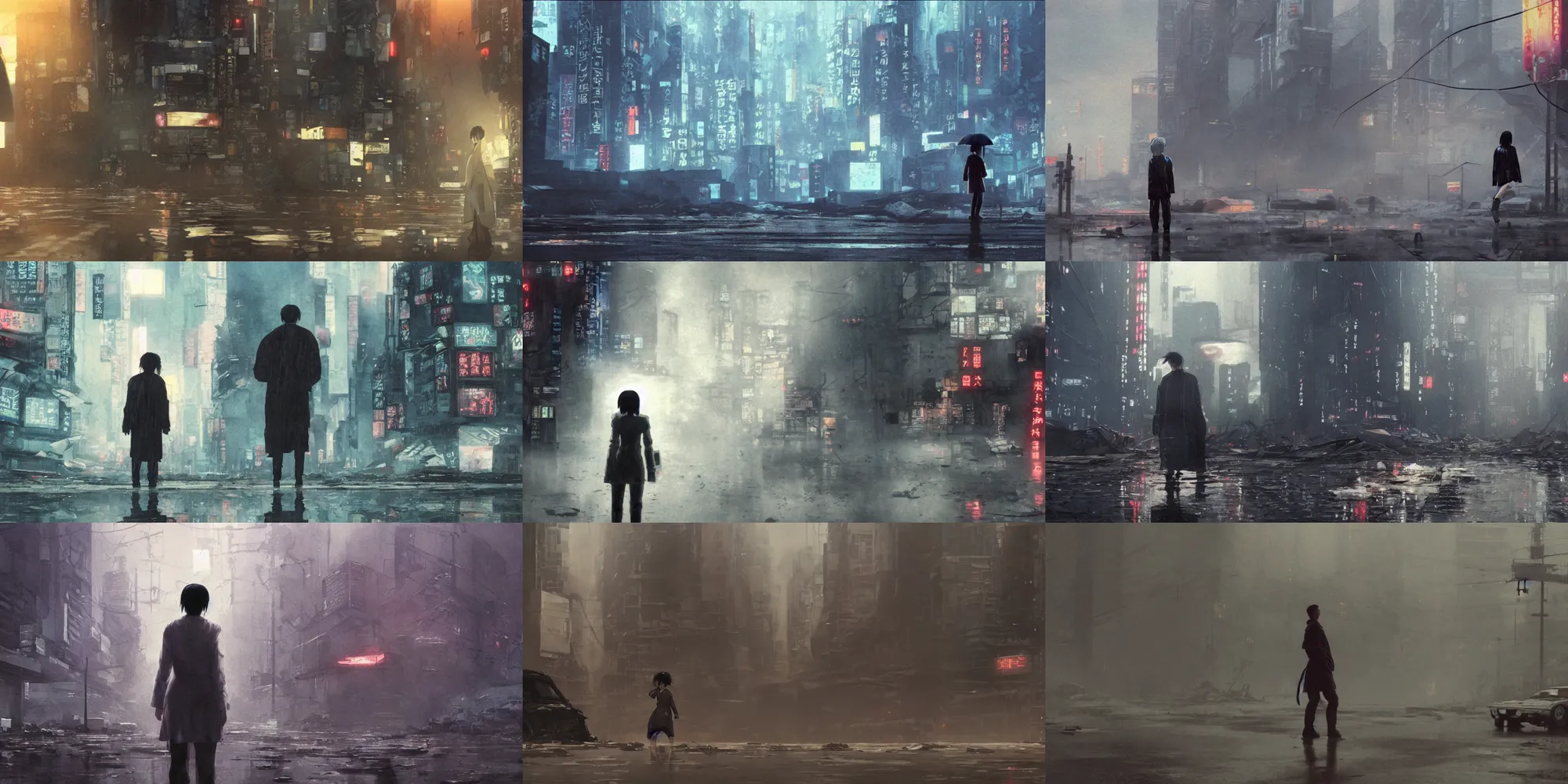 Prompt: incredible wide screenshot, ultrawide, simple water color, paper texture, fish eye lens, katsuhiro otomo ghost in the shell, mamoru oshii, low camera, backlit girl in raincoat, wet dark road, parasol in deserted junk pile, giant robot foot, earthquake destruction, reflection, thick fog, smoke, destroyed robots, blazing fire, burning oil field