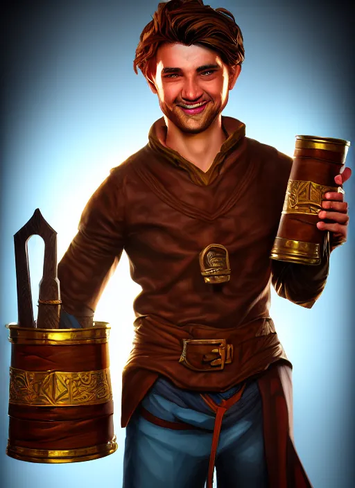 Image similar to An epic fantasy comic book style portrait painting of a handsome young man with brown wavey hair, wearing thief clothing in a tavern and smiling with a wooden tankard in hand, unreal 5, DAZ, hyperrealistic, octane render, cosplay, RPG portrait, dynamic lighting