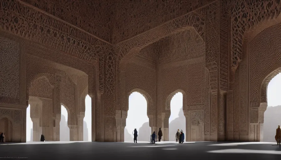 Prompt: the inside of a monument with alhambra motifs, by tim blandin and arthur haas and bruce pennington and john schoenherr, big windows architecture by zaha hadid, octane render, cinematic, scenery, cgsociety, modernism, futuristic, trending on artstation, sci - fi, high detail, high quality, close up angle, people walking