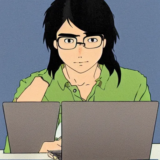 Prompt: tanned guy with long black hair using a laptop, art by hayao miyazaki, studio ghibli film