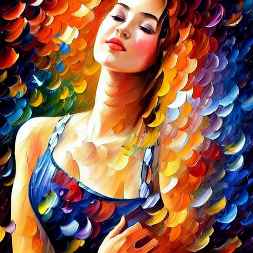 Image similar to highly detailed painting of a beautiful young woman, dancing in the rain, intricate, high quality oil painting artstyle, in the style of leonid afremov and anna dittmann, deviantart, figurative art, deviantart, ilya kuvshinov, lovecraftian, very detailed face, portrait