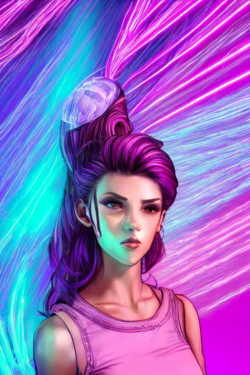 Prompt: a award winning half body portrait of a beautiful woman in a croptop and cargo pants with ombre purple pink teal hairstyle surrounded by whirling illuminated lines, outrun, vaporware, shaded flat illustration, digital art, trending on artstation, highly detailed, fine detail, intricate