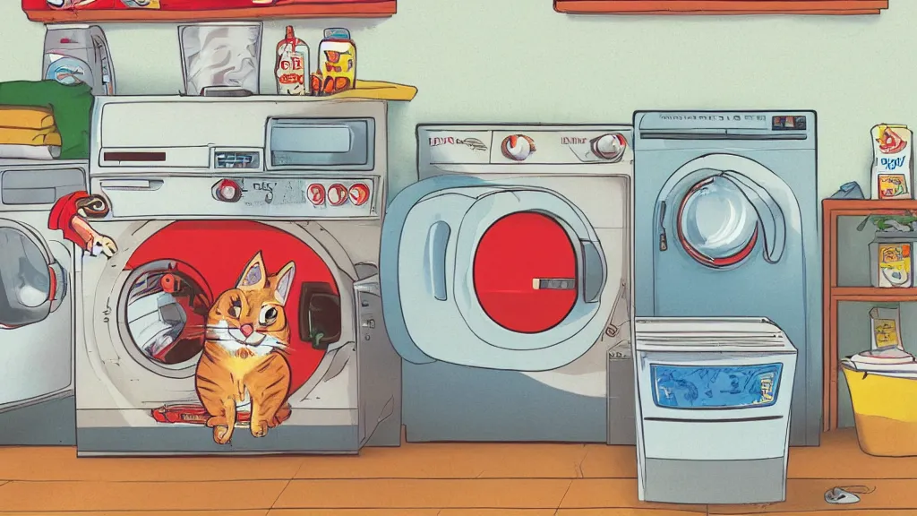 Prompt: cat sitting on top of a washing machine in a laundromat by Richard Scarry illustration