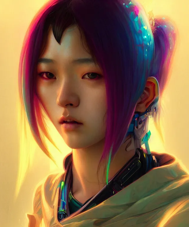 Prompt: Cyberpunk teenage girl, portrait, Asian features, face, rainbow coloured hair intricate, elegant, highly detailed, digital painting, artstation, concept art, smooth, sharp focus, illustration, art by artgerm and greg rutkowski and alphonse mucha