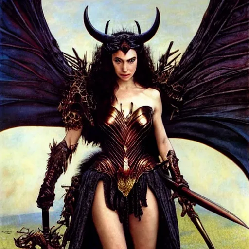 Image similar to head and shoulders portrait of an armored erinyes devil with huge bat wings, portrayed by gal gadot, d & d, fantasy, luis royo, magali villeneuve, donato giancola, wlop, krenz cushart, hans zatka, klimt, alphonse mucha