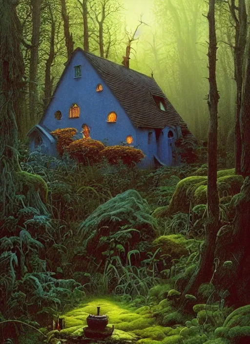 Image similar to hyper realistic witch cottage with mood lighting and technology in the woods gorgeous lighting, sunbeams blue sky, highly detailed, lush forest foliage painting by zdzisław beksinski and norman rockwell and greg rutkowski weta studio, and lucasfilm