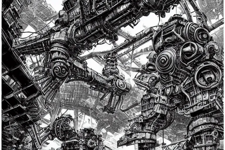 Image similar to dieselpunk mechs in shape of dragonfly that look like Dragonfly, inside an gigantic underground concrete doom hangar, interior structure, drains, storm drains, jungle, vines, algea, cables, panels, walls, ceiling, floor, doors, brutalist architecture, intricate ink drawing, highly detailed in the style of Ashley Wood, moebius and Tsutomu Nihei, photorealistic, cinematic, intricate detail, well lit,