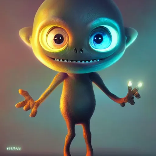 Image similar to adorable glowing alien, trending on artstation, cute, big eyes, matte painting, concept art, pixar, disney, highly detailed, cinematic composition, unreal engine, 3 d rendered in octane