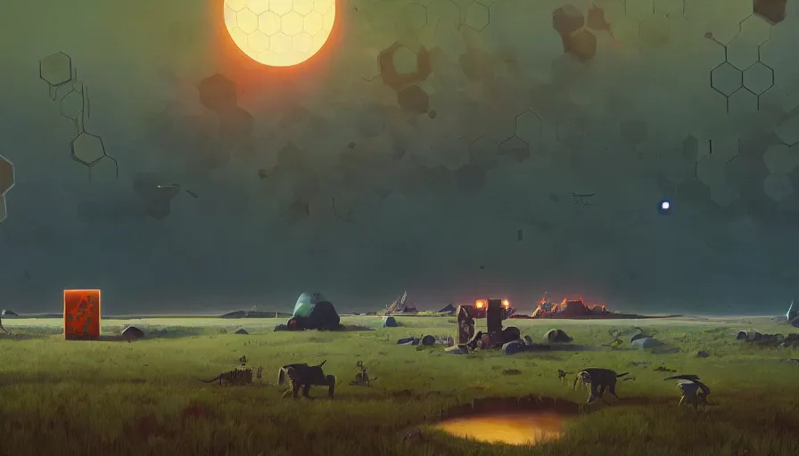 Image similar to many hexagons on the way to the sun, planet earth in foreground, simon stalenhag