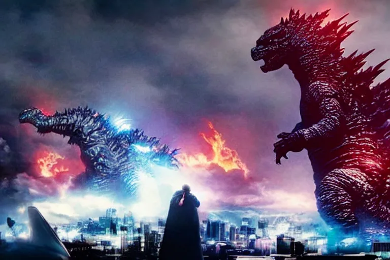 Image similar to godzilla playing the drumset, rock music, concert lights, dynamic photo, still shot from the new godzilla movie