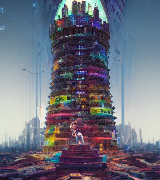 Image similar to colored, tarkovsky, majestic ancient tower of babylon city, a woman in cyber clothing, hyperrealistic, by ash thorp, full color, cyber architecture, intricate, corona render, concept art, hyper - detailed, smooth, masterpiece, epic, cinematic, high quality