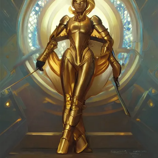 Image similar to a woman wearing a golden armor, full-body shot, digital painting, smooth, elegant, hd, art by WLOP and Artgerm and Greg Rutkowski and Alphonse Mucha