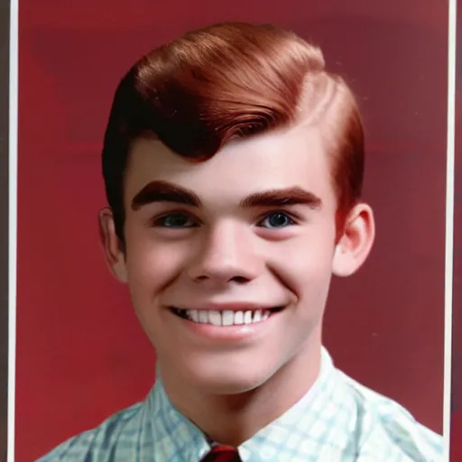 Image similar to a high school senior yearbook photo of Archie Andrews from 1966, in color