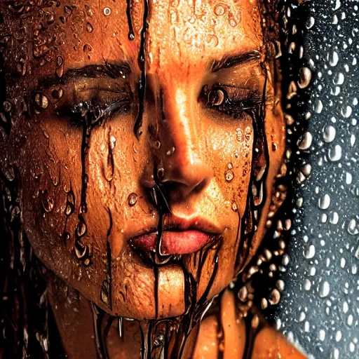 Prompt: Photo of an attractive face dripping wet from warm summer rain. Soft lighting. High detail.