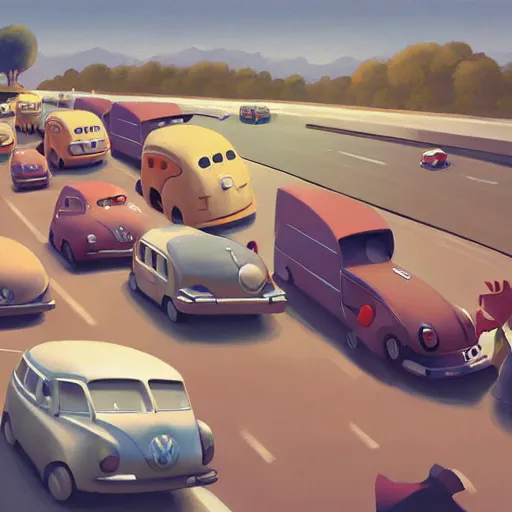 Prompt: goro fujita ilustration a volkswagen full of people on the highway, painting by goro fujita, sharp focus, highly detailed, artstation