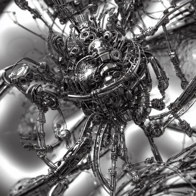 Image similar to a close up of an beautiful steampunk robotic spider inspired, unreal engine realistic render, high detailed face, photorealism, golden ratio, hyper - realistic 3 d, insanely super detailed, realistic octane render, 1 6 k, fashion photography, micro detail, backlit lighting, face in focus, subsurface scattering, thin porcelain