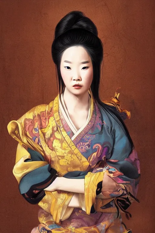 Prompt: Baroque painting of a Mulan, inspired by Gustav Moreau and Wayne Barlowe, exquisite detail, hyper realism, ornate, exquisite detail, cute face