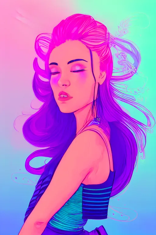 Image similar to a award winning half body portrait of a beautiful woman in a croptop and cargo pants with ombre purple pink teal hairstyle surrounded by whirling illuminated lines, outrun, vaporware, shaded flat illustration, digital art, trending on artstation, highly detailed, fine detail, intricate