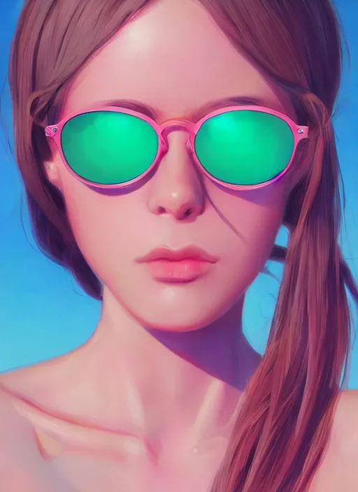 Prompt: a pair of pink sunglasses on a glass table with a'woman's green eyes inside the frame, bright colors, highly detailed, concept art, matte, trending on artstation, anime, art by wlop and artgerm and greg rutkowski, ilya kuvshinov, strong strokes, photo of asuna from sao