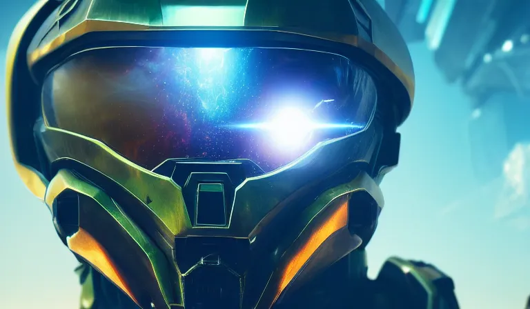 Image similar to cyberpunk halo helmet on space, planet behind, close shot, reflection, epic, dramatic, cinematic, award winning, ultra detailed, realistic, 8k,