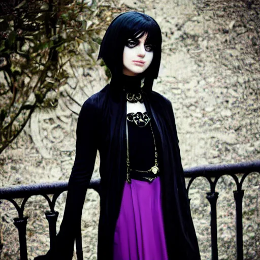 Prompt: Pale-skinned Persian girl, black hime cut hair, long bob cut hair, purple eyes, gothic jacket, mysterious girl, photograph