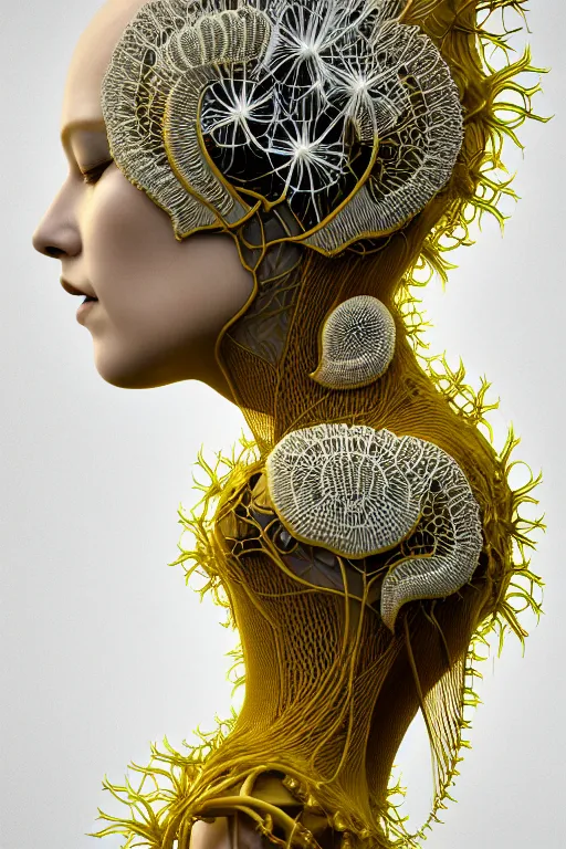 Image similar to intricate hyper detailed ultra sharp 3 d render of a beautiful porcelain biomechanical woman profile portrait, large pore fungi embroidered, cyberpunk art nouveau, haute couture alexander mcqueen leaves stems dahlia transparent fractal dandelion yellow pistil filigree roots, octane render, volumetric cinematic lighting, 8 k post - production