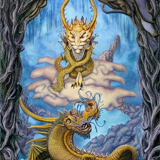 Image similar to portrait of surreal dragon king, artwork by Daniel Merriam,