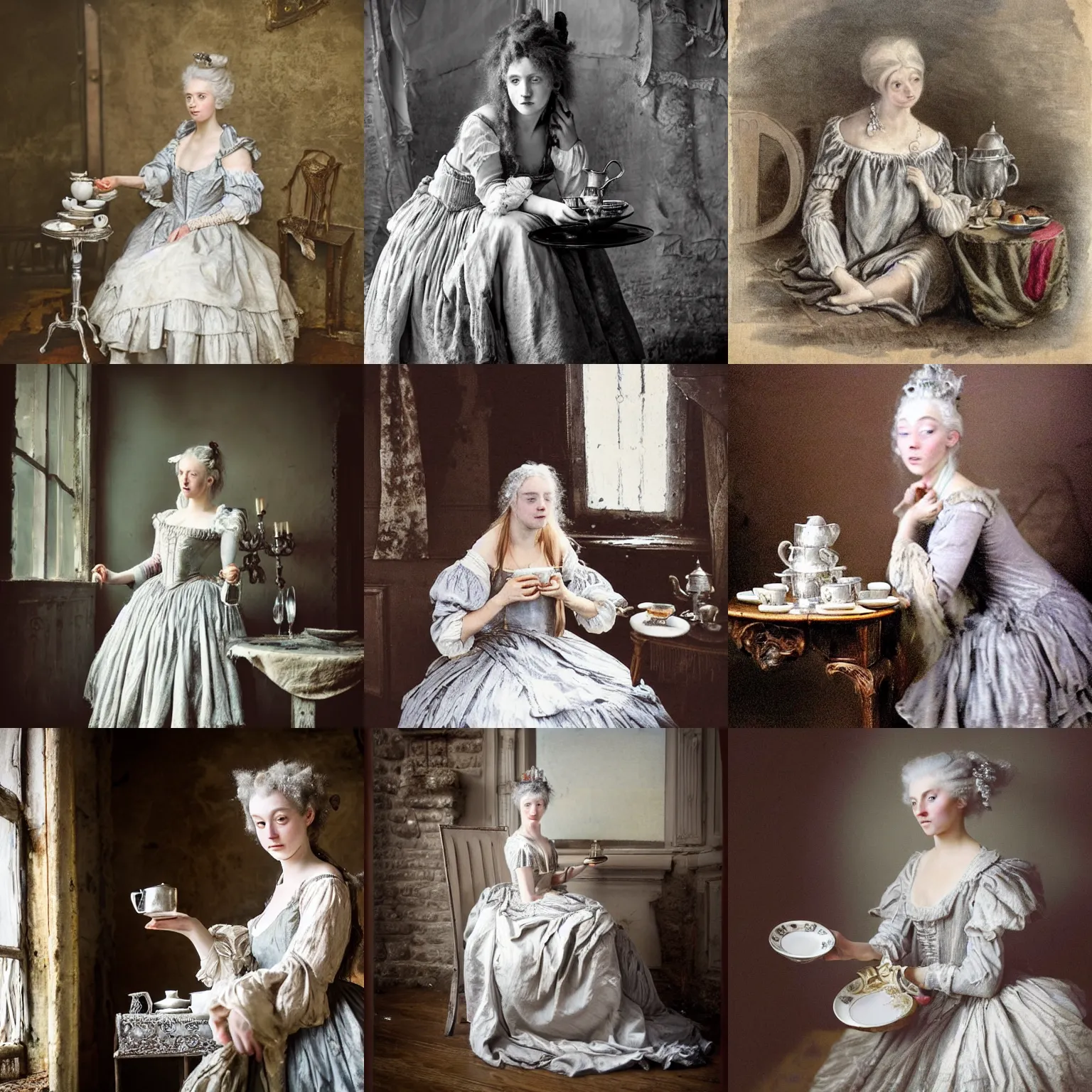 Prompt: A silver haired, (((mad))) princess from the 18th century, dressed in a ragged, dirty, 18th century silver wedding dress, is ((drinking a cup of tea)), in her right side is a porcelain tea set. She is in her ((underwater, precious, scarry castle)). mystical, atmospheric, greenish blue tones, underwater photography, concept art by John Everett Millais, Annie Stegg Gerard, Ian David Soar, John Anster Fitzgerald