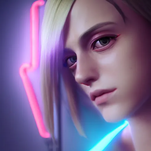 Image similar to Annie Leonhart in a neon city, octane render 8k, photorealistic render, atmospheric render, beautiful face, cute, love tension, realistic skin