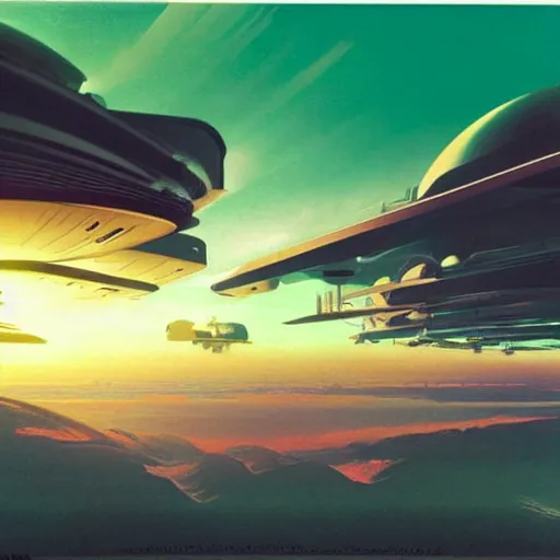 Image similar to green ocean on an alien planet in the clouds, cinematic angle, cinematic lighting, blue sky, sun in the sky, by Syd Mead, John Harris, Federico Pelat