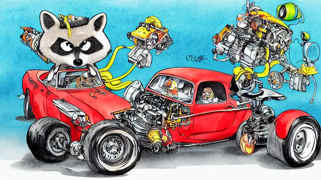 Image similar to cute and funny, racoon riding in a tiny hot rod coupe with oversized engine, ratfink style by ed roth, centered award winning watercolor pen illustration, by chihiro iwasaki and james nyika, edited by range murata