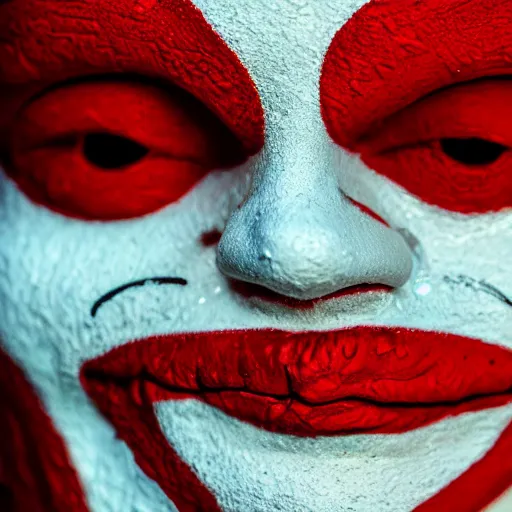 Prompt: Close up photograph of Ronald McDonald emerging from a dirty puddle, white facepaint, red afro, red round nose, yellow jumpsuit!! creepy smile!!!, highly detailed, F32