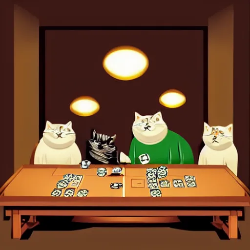 Prompt: fat mobster cats gambling at a table with a single light overhead, smoke fills the room, japanese art style