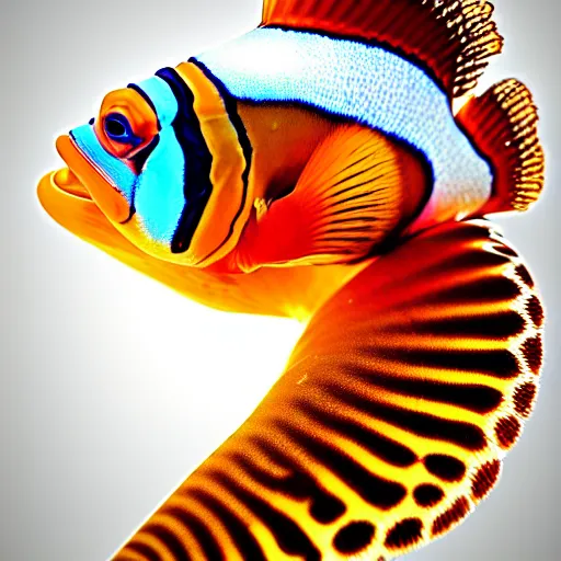 Prompt: high quality photo of a young beautiful female queen-feather-clownfish bust with a very long neck and Mandelbrot fractal face, Mandelbrot fractal skin, flesh, anatomical, facial muscles, veins, arteries, elegant, highly detailed, flesh highly baroque ornate, elegant, high fashion, rim light, octane render, in the style of Lindsay Adler, Realistic, Refined, Digital Art, Highly Detailed, Cinematic Lighting, rim light, photo-realistic, 8K