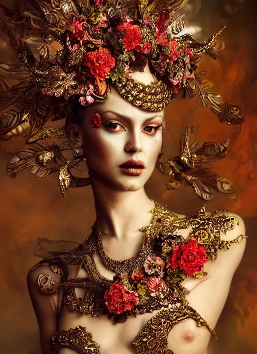 Image similar to expressive full body photo of a female model, ornate headpiece made from flowers, ornaments, glamour shot, by karol bak, by stefan gesell, photorealistic, canon r 3, fashion photography, hyper maximalist, elegant, ornate, luxury, elite, environmental portrait, symmetrical features, octane render, unreal engine