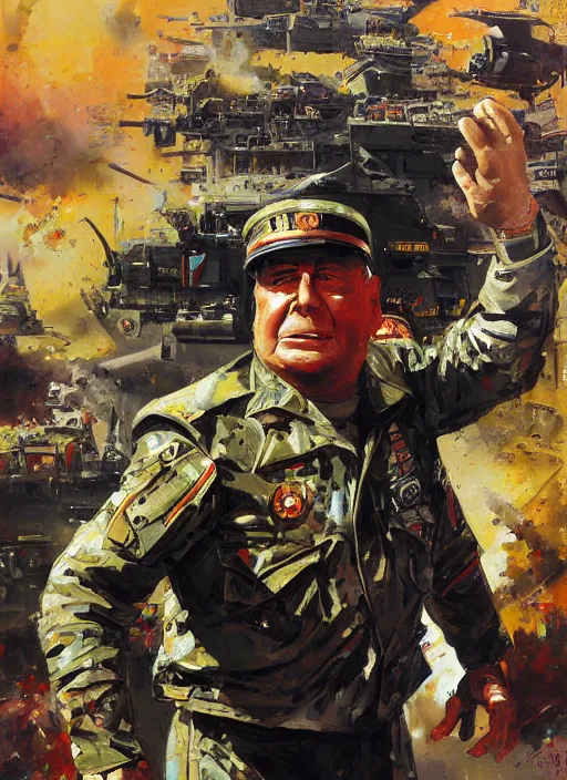 Image similar to cyborg militar pinochet painting by john berkey