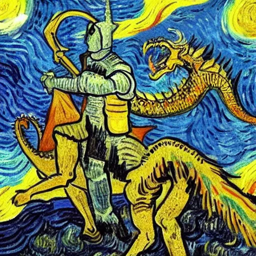 Prompt: a knight, shooting a dragon with an ak-47, by Van Gogh