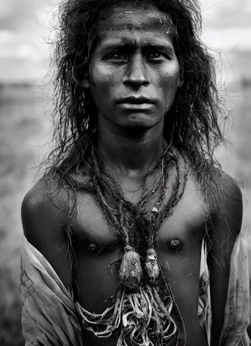 Image similar to Award winning Editorial photo of a Native Nauruans with incredible hair and beautiful hyper-detailed eyes wearing traditional garb by Lee Jeffries, 85mm ND 5, perfect lighting, gelatin silver process