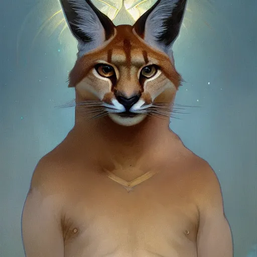 Image similar to concept art, a cute fluffy caracal, laurel wreath on his head, 8 k, alphonse mucha, james gurney, greg rutkowski, john howe, artstation