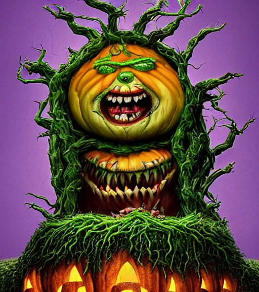 Image similar to a tim burton design of a horrifying king creature made of pumpkin, big fat blobby, laughing, limbs made from vines, sitting on a stone throne, detailed game art illustration, menacing carved facial expression, creepy lighting, dynamic pose, 4 k artstation, masterpiece