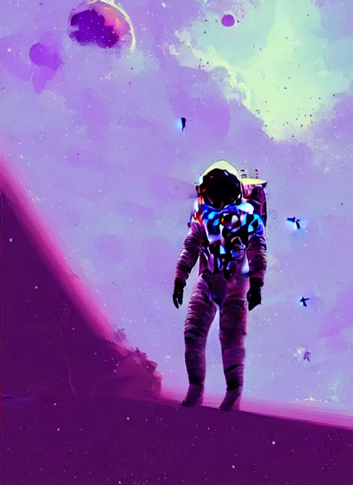 Image similar to sci - fi art, astronaut watching earth from space, purple nebula in the background, art by ismail inceoglu