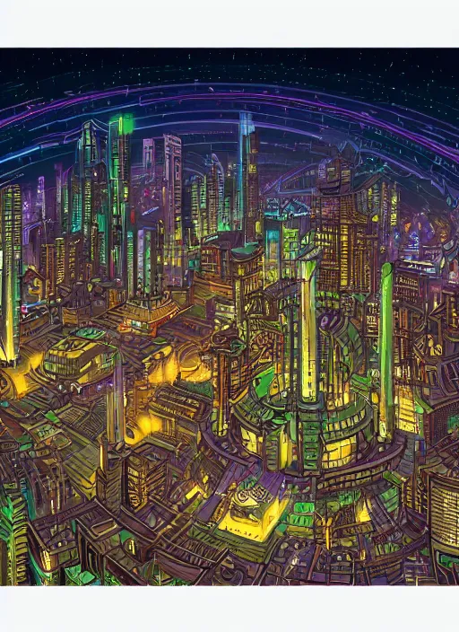 Image similar to a futuristic city at night by Dan Mumford