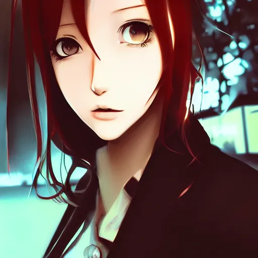 Image similar to illustration of kurisu makise in the style of ryohei fuke, ilya kuvshinov, concept art, trending, luminecent eyes fine details, realistic shaded lighting, detailed eyes, pretty face