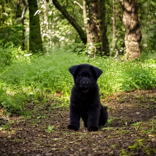 Image similar to a black chow chow puppy playing in an enchanted forest